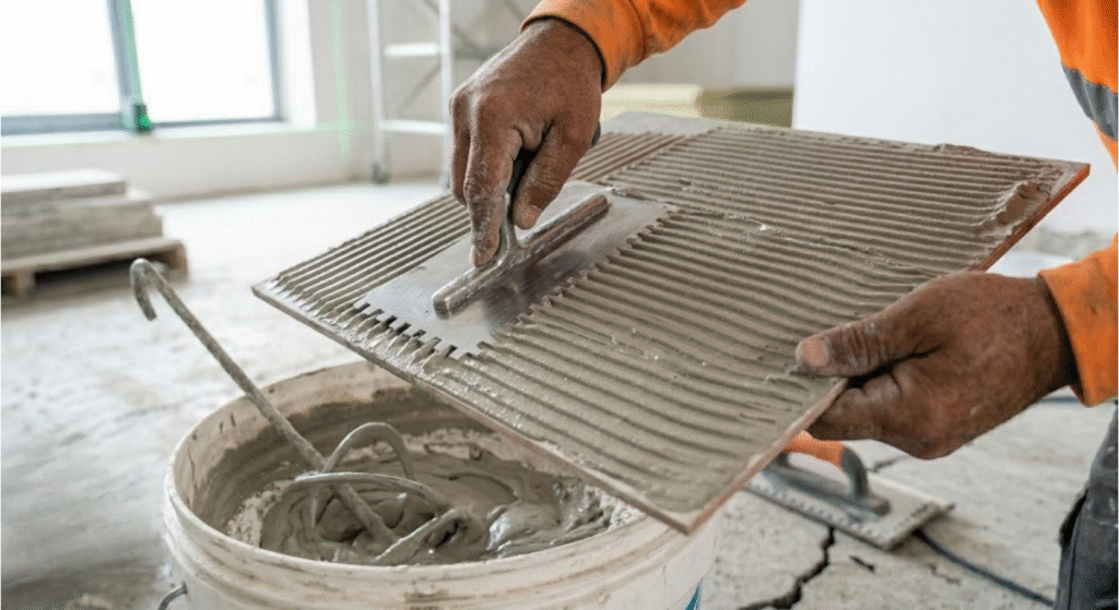 back buttering technique for large format tiles - tile adhesive application
